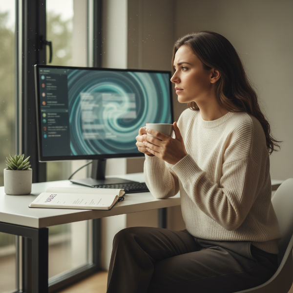 تصویر یک زن مدیر پروژه در دفتر کار را نشان می‌دهد که با نگاهی متفکر به بیرون پنجره خیره شده. میز کارش نماد روتین و ابهام است و نور ملایم فضای درون‌گرایی و جستجوی معنا را القا می‌کند.