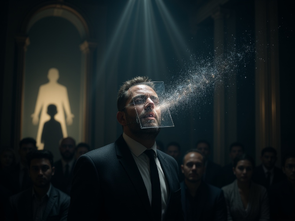 تصویر مردی با ماسک شفاف در جمع، در حالی که خاطره کودکی محبوس در پس‌زمینه محو می‌شود و نور امید او را در بر می‌گیرد.