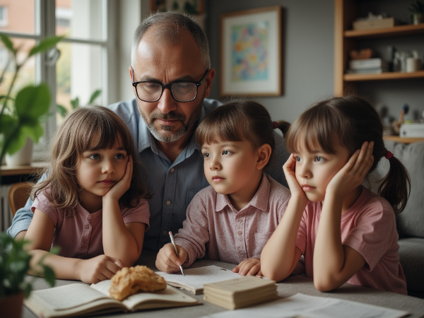 تصویری از یک مرد ۵۹ ساله که در خانه از دو قلوهای چهارساله پرانرژی مراقبت می‌کند و نشانه‌های خستگی و فرسودگی عاطفی را نشان می‌دهد، در حالی که مشاوره روانشناس درباره مراقبت از خود و تعیین مرزهای سالم در پس‌زمینه نمایان است.