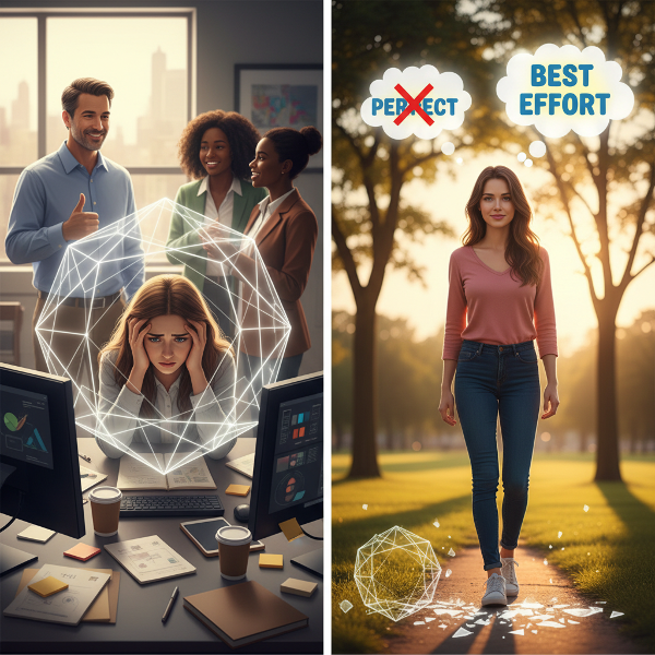 تصویر یک زن جوان طراح گرافیک را نشان می‌دهد که در دام کمال‌گرایی و اضطراب اسیر شده، اما در حال یافتن راه‌هایی برای رهایی و ایجاد تعادل بین کیفیت کار و سلامت روان است.