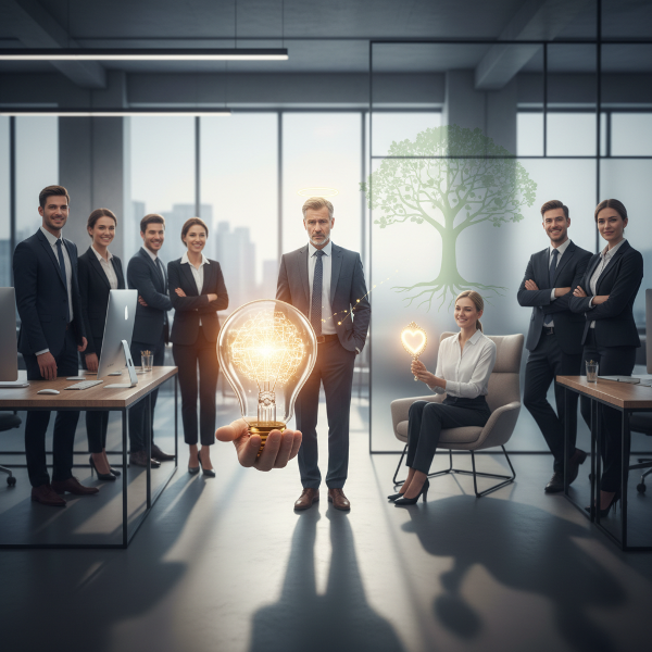 تصویر یک مدیر میانی در محیط کاری که تحت فشار است، در حالی که ایده‌هایش به شکل نور نمایان است و حضور حمایت‌گر روانشناس در پس‌زمینه دیده می‌شود.