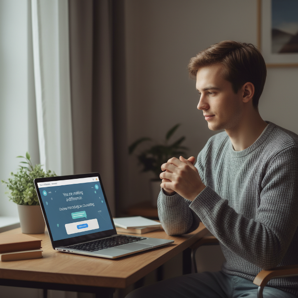 تصویر یک جوان ۱۹ ساله درونگرا و صبور را نشان می‌دهد که در اتاقی آرام نشسته و به صفحه لپ‌تاپی نگاه می‌کند که نماد مشاوره روان‌شناسی آنلاین و تمایل او برای کمک به دیگران است.