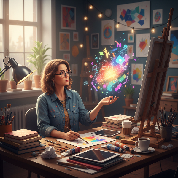 یک زن هنرمند در محیط کار خلاق خود، در حال تأمل و مواجهه با احساس بی‌حوصلگی و نگرانی، با نمادهایی از ایده‌های هنری و احساسات درونی.