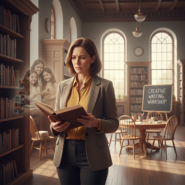 تصویری از یک زن ۴۵ ساله در کتابخانه که بین گذشته به عنوان مادر و آینده شغلی جدیدش در حال گذار است.
