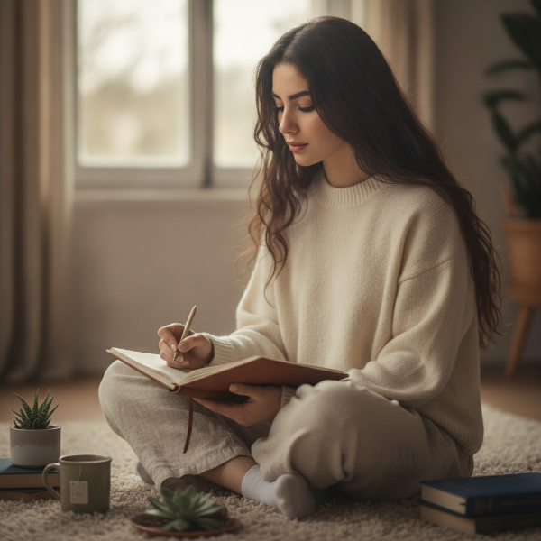 یک زن جوان در حال نوشتن افکار و احساسات خود روی دفترچه در یک فضای آرام و روشن