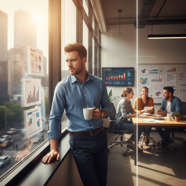 تصویری از یک مدیر پروژه جوان که در دفتر کارش به شهر نگاه می‌کند. او در میان اسناد کاری احاطه شده، اما یک دیوار شفاف او را از همکارانش جدا کرده، که نمادی از احساس تنهایی عمیق در عین شلوغی است.