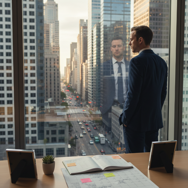 تصویر یک مدیر پروژه ۳۵ ساله را در دفتر کار مدرن نشان می‌دهد که به پنجره و شهر شلوغ بیرون نگاه می‌کند. انعکاس چهره‌اش در پنجره، احساس تنهایی عمیق را نشان می‌دهد. روی میز کارش، تقویمی پر از جلسات وجود دارد، اما یک گلدان کوچک و قاب عکس به سمتی دیگر چرخانده شده‌اند. نور ملایم و غمگین داخل اتاق با شور و هیاهوی شهر بیرون در تضاد است.