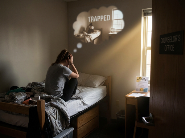 تصویری از یک دختر جوان در اتاق خوابگاه دانشگاه که احساس تنهایی و اضطراب دارد، با دیوارهایی که به سمتش می‌آیند. او خواب گیر افتادن در فضای بسته را می‌بیند، اما نوری ملایم از پنجره مسیری به فعالیت‌های اجتماعی و دفتر مشاوره نشان می‌دهد، نماد امید و شکستن چرخه.