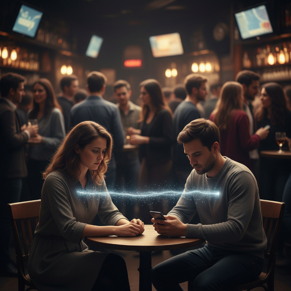 تصویری از یک زن که در اتاقی شلوغ احساس تنهایی می‌کند، در حالی که شریک عاطفی‌اش از نظر عاطفی دور است و پلی از نور تلاش می‌کند آن‌ها را به هم وصل کند.