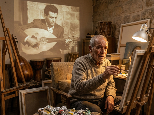 تصویری از محمود ۶۴ ساله که در اتاقی پر از وسایل نقاشی و سازهای سنتی نشسته، با دستانی لرزان و نگاهی مضطرب، در حالی که تصویر محو جوانی‌اش در پس‌زمینه مشغول نواختن ساز است.