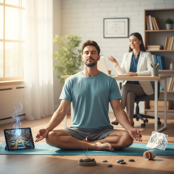 تصویری از یک مرد ۳۲ ساله که در موقعیت‌های روزمره مانند ترافیک و محل کار احساس خشم شدید می‌کند، در حال تمرین یوگا و مدیتیشن برای آرامش، با حضور نمادین یک روانشناس در پس‌زمینه.