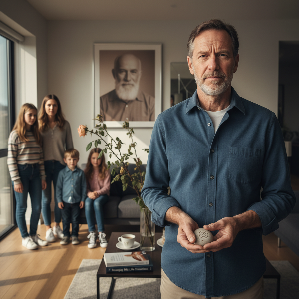 تصویری نمادین از مردی در دهه چهل زندگی در یک خانواده ترکیبی، با نشانه‌هایی از خشم کنترل‌شده، تغییرات سنی، و چالش‌های پدری دیررس، در حال جستجوی تعادل عاطفی.