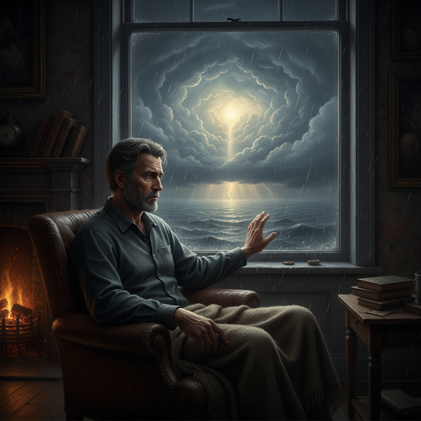 تصویری از مردی ۵۵ ساله در اتاقی نیمه تاریک که به پنجره خیره شده، آسمان طوفانی بیرون نماد آشفتگی عاطفی اوست. نوری کم‌رنگ از میان ابرها می‌تابد که نشانه امید و شروع بهبودی است.