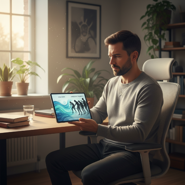 تصویر مردی ۳۸ ساله را در دفتر کار خانگی نشان می‌دهد که با تبلتی حاوی اپلیکیشن مدیتیشن، بین آرامش ظاهری و اضطراب درونی در کشمکش است. نور صبحگاهی و عناصر انتزاعی مثبت و منفی، وابستگی روانشناختی او را به تصویر می‌کشد.