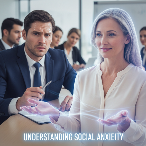 تصویری از یک مرد ۳۵ ساله در جلسه کاری که نشانه‌های اضطراب مانند تعریق جزئی را نشان می‌دهد، با حضور شفاف یک روانشناس که نماد حمایت و درک از علائم فوبیای اجتماعی است.