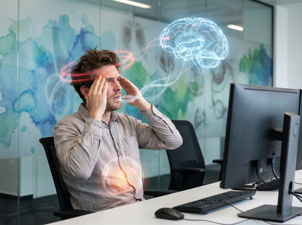 تصویری نمادین از یک مرد ۳۰ ساله در محیط کار که تحت فشار استرس، علائم روان‌تنی مانند سردرد، درد معده و تنگی نفس را به صورت عناصر نورانی و انتزاعی تجربه می‌کند. ارتباط ذهن و بدن با رشته‌های نوری بین مغز و این علائم نشان داده شده است.