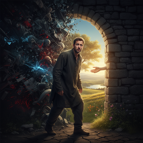 تصویری نمادین از یک مرد که بر آستانه‌ای بین تاریکی گذشته و نور امید ایستاده، نشان‌دهنده سفر از ترس و انزوا به سمت امنیت و بهبودی.