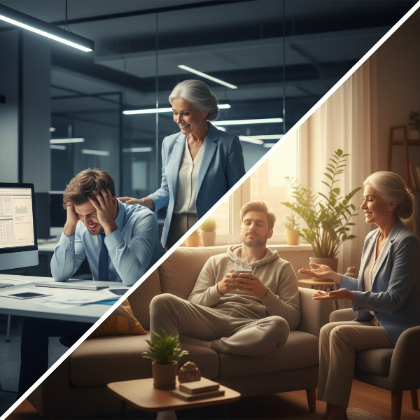 تصویری از یک مرد جوان در محیط کار پراسترس با نمادهای مدیریت خشم و آرامش، همراه با یک روانشناس حمایت‌گر.