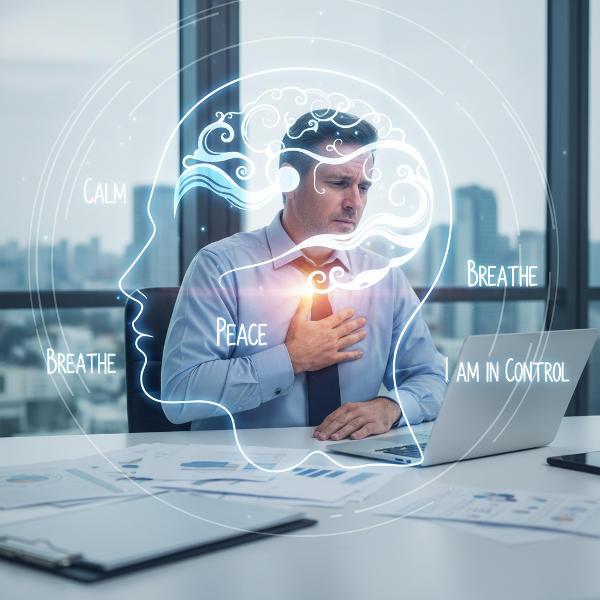 تصویر یک مرد ۴۹ ساله در محیط کاری را نشان می‌دهد که در حال تجربه علائم استرس است، در حالی که تجسمی از ذهن آرام و تکنیک‌های خودهیپنوز مانند تنفس عمیق و جملات تأکیدی مثبت، به صورت همزمان در صحنه نمایان است.
