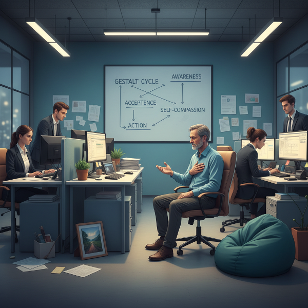 تصویری از یک مرد میانسال در محیط کاری شلوغ و سرد که با تمرین‌های روانشناسی گشتالت و دلسوزی به خود، آرامش و کنترل را بازیابی می‌کند.