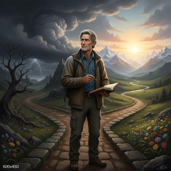 تصویری نمادین از یک مرد میانسال در تقاطع راه‌ها، که بین مسیر گذشته پر از تروما و ابر و مسیر آینده روشن به سوی کوه‌ها و طلوع خورشید ایستاده است، در حالی که یک دفتر خاطرات در دست دارد.