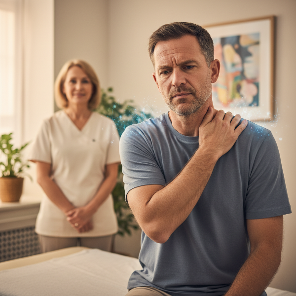 تصویر مردی ۴۹ ساله با درد عضلانی در گردن و شانه‌ها که در حال تفکر عمیق است، با نمادهای استرس و یک روانشناس در پس‌زمینه.