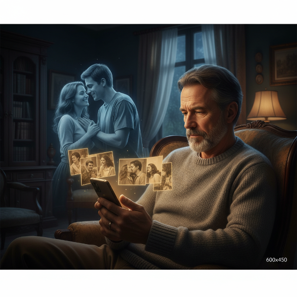 تصویر یک مرد میانسال را نشان می‌دهد که در اتاقی آرام به صفحه موبایلش خیره شده. خاطراتی از یک رابطه گذشته به شکل شبح‌وار در کنارش دیده می‌شود. حلقه ازدواج روی دستش برق می‌زند و فضایی تأمل‌برانگیز و نوستالژیک حاکم است.