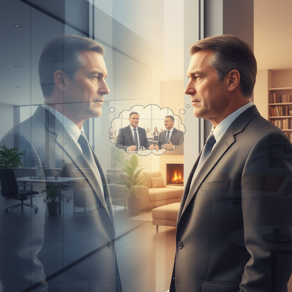 تصویر مردی را نشان می‌دهد که در محل کار به تأمل می‌پردازد، در حالی که بازتابی از اعتماد به نفس آینده‌اش را می‌بیند و محیط‌های کاری و خانگی به آرامی در هم می‌آمیزند.