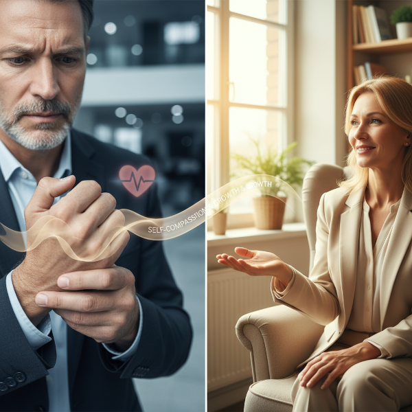 تصویری از یک مرد میانسال در محیط کاری که اضطراب اجتماعی را تجربه می‌کند، در کنار یک روانشناس حامی که نماد درمان و امید است.