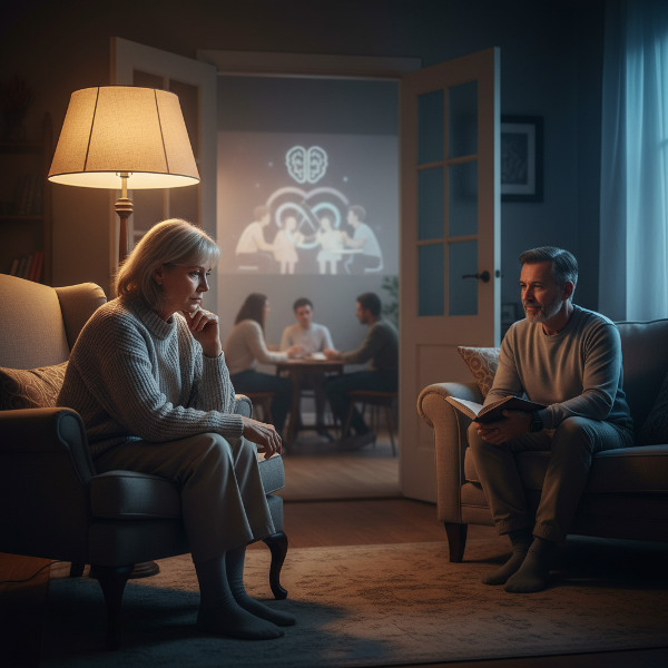 تصویری از یک زن میانسال در حال تفکر در کنار همسرش، با نمادهایی از فاصله عاطفی و امید به بازسازی رابطه، در محیطی گرم و خانگی.