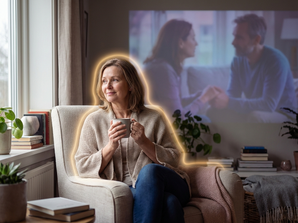 تصویری نمادین از یک زن میانسال در فضایی آرام که در حال تفکر است، با نمادهایی از مرزهای شخصی و گفتگوی سازنده در پس‌زمینه که حس درک متقابل و امید را منتقل می‌کند.