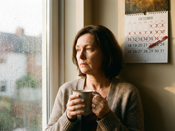 تصویر یک زن میانسال را نشان می‌دهد که با نگاهی متفکر به بیرون پنجره خیره شده است. نور ملایم صبحگاهی و یک تقویم روی دیوار، حس گذر زمان و جستجوی امید در میان احساس خستگی و غم را القا می‌کند.