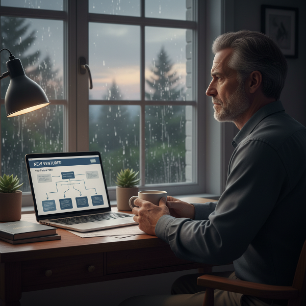 تصویر مردی میانسال را در لحظه تأمل و تصمیم‌گیری برای تغییر شغل نشان می‌دهد، که نمادی از اضطراب و امید به آینده‌ای جدید است.