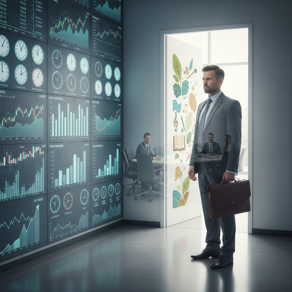 تصویر یک مدیر مالی ۴۳ ساله را در یک راهروی اداری نشان می‌دهد که در نقطه‌ای دو راهی ایستاده است. یک سمت، دفتر کار تکراری با نمودارها و ساعت‌ها است و سمت دیگر، دری به سوی نور و نمادهای خلاقیت. چهره‌اش متفکر است و انعکاسی از لبخند مصنوعی او در جلسه کاری دیده می‌شود.