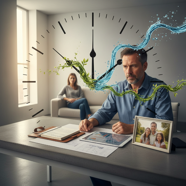 تصویری نمادین از یک مدیر میانسال در دفتر کار منظمش، با تضاد بین برنامه‌ریزی خشک و خاطرات عاطفی محو، که گذر زمان سفت و سخت به جریان طبیعی زندگی تبدیل می‌شود.