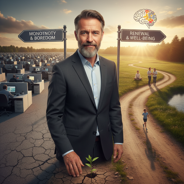 تصویر یک مرد ۵۰ ساله در تقاطع زندگی، با دو مسیر متفاوت: یکنواختی روزمره و مسیر بهبود با فعالیت‌های مثبت، نشان‌دهنده تفاوت بین افسردگی میانسالی و بی‌حوصلگی.