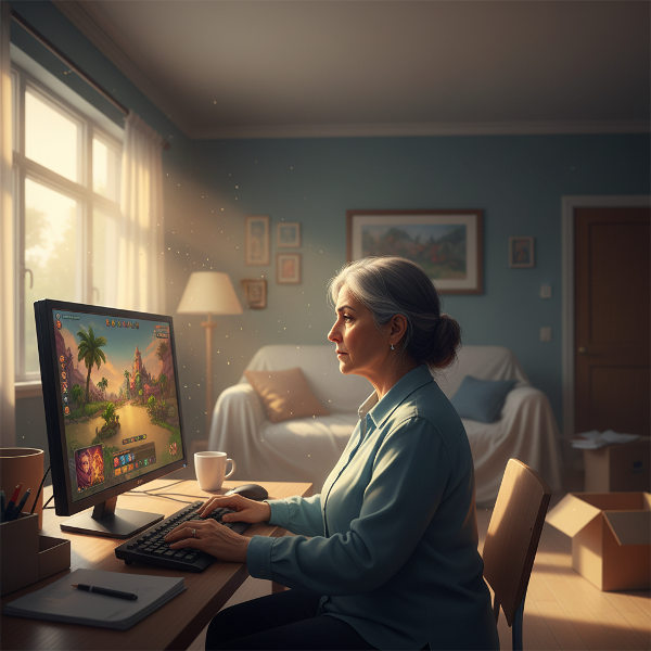 تصویر یک زن میانسال در خانه‌ای خالی که به صفحه کامپیوتر نگاه می‌کند، با نوری گرم از پنجره که نماد امید و راه‌های جدید برای مقابله با تنهایی است.