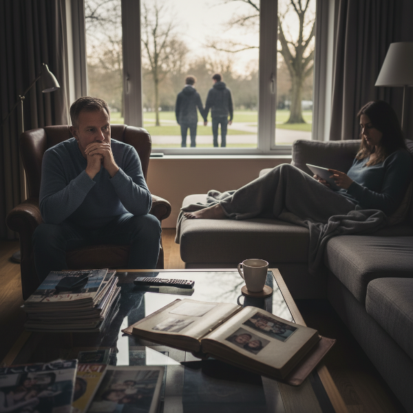 تصویری از یک مرد ۴۶ ساله که در اتاق نشیمن به فکر فرو رفته، در حالی که همسرش نزدیک است اما فاصله عاطفی حس می‌شود، نمادی از روزمرگی و نیاز به بازسازی صمیمیت، با نشانه‌هایی از امید مانند یک آلبوم عکس مشترک یا زوجی در پارک که از پنجره دیده می‌شود.