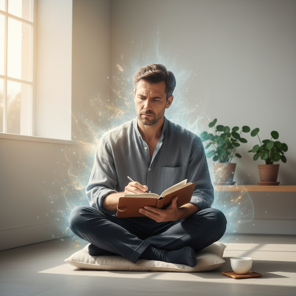 تصویری از یک مرد ۴۱ ساله در حال تمرین ذهن‌آگاهی در محیطی آرام، نشان‌دهنده پذیرش خود و توسعه شخصی در مواجهه با استرس مزمن.