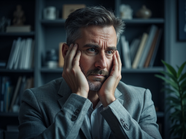 تصویری از یک مرد میانسال در محیط کاری پراسترس، با نشانه‌های تنش عضلانی و خواب‌های ناراحت کننده، در حال تمرین مدیتیشن ذهن‌آگاهی برای بهبود آرامش و روابط جنسی.