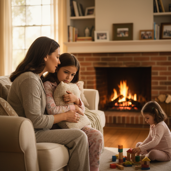 تصویری از یک مادر نگران که در حال گفتگوی آرام با دختر ده ساله‌اش در اتاق نشیمن است. دختر کمی ناراحت به نظر می‌رسد و بالشی در دست دارد. خواهر کوچکتر در نزدیکی مشغول بازی آرام است. فضایی گرم و همدلانه با نور ملایم، تمرکز بر ارتباط عاطفی و حمایت خانوادگی.