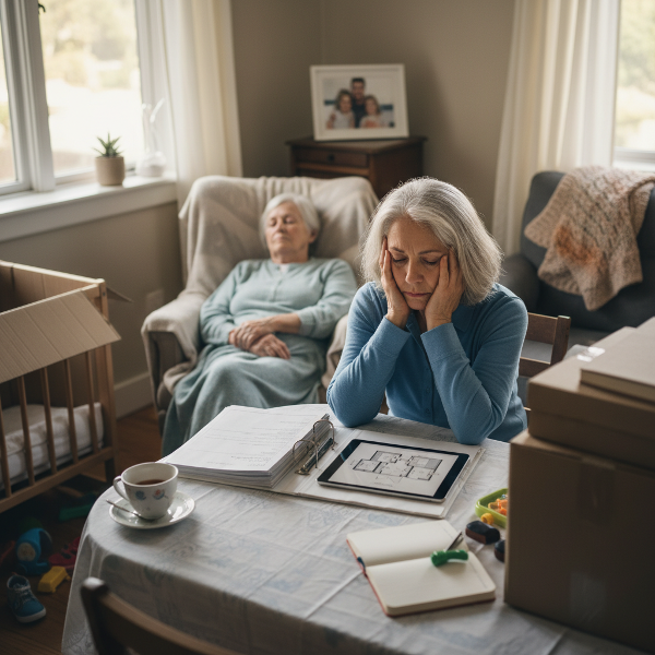 تصویری از یک زن ۶۱ ساله که در حال مراقبت از مادر سالمندش است و همزمان با اضطراب به عکس‌های پسر و عروسش نگاه می‌کند، در حالی که نمادهایی از تقسیم وظایف و مراقبت از خود در محیط دیده می‌شود.