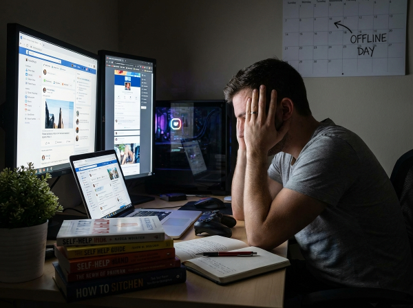 تصویری از یک مرد ۳۰ ساله که در حال تلاش برای کاهش وابستگی به شبکه‌های اجتماعی و بازی‌های آنلاین است، با نشان دادن مراحل تدریجی بهبود و جایگزینی فعالیت‌های مثبت.