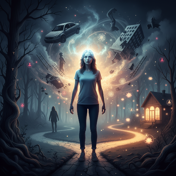 تصویری نمادین از یک زن جوان که ذهن و بدنش در حالت هشدار است، محاصره شده توسط سایه‌های رویدادهای آسیب‌زا، در حال نگاه کردن به مسیری روشن‌تر که با نمادهای درمان و ارتباطات ایمن روشن شده است.