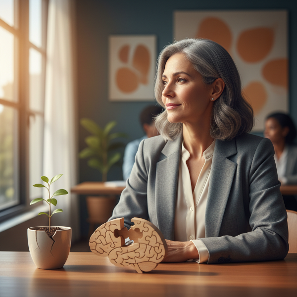 تصویری از یک زن ۴۸ ساله در محیط کار که در حال تفکر است، با نمادهای ظاهری از بازسازی اعتماد به نفس مانند یک پازل در حال تکمیل یا گیاهی کوچک که از سطح ترک‌خورده می‌روید، در فضایی گرم و حمایت‌گر.