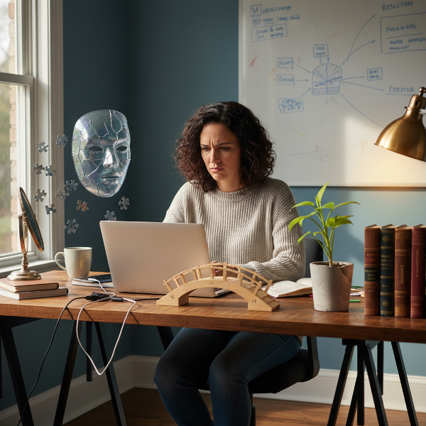 تصویر یک زن ۳۷ ساله در محیط کار از راه دور که با احساس کلاهبرداری دست و پنجه نرم می‌کند، در حالی که نمادهای اعتماد به نفس و موفقیت در اطراف او در حال شکل‌گیری هستند.