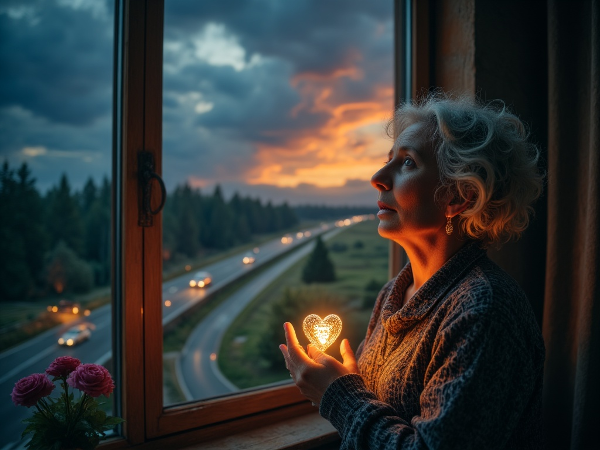 تصویر یک زن ۵۰ ساله در حالتی تأمل‌برانگیز که در آستانه پنجره‌ای ایستاده و منظرهای از طوفان تا آرامش را می‌نگرد، نمادهای کلید، قلب نورانی و نور راهنما در صحنه حضور دارند.
