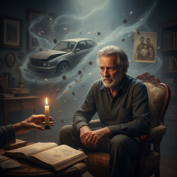 تصویری نمادین از یک مرد میانسال درگیر با تروماهای چندگانه، با عناصری از تصادف، فقدان و ضرر مالی در پس‌زمینه، و نمادهای امید و بهبودی در پیش‌زمینه.