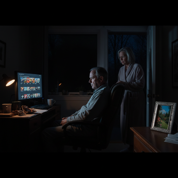 تصویر یک مرد ۶۰ ساله خسته را در شب نشان می‌دهد که مشغول دانلود برنامه‌های تلویزیونی قدیمی است، در حالی که همسرش نگران در کنار او ایستاده است.