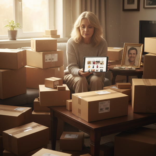 تصویر یک معلم بازنشسته در اتاقی شلوغ از بسته‌های خرید آنلاین بازنشده، در حالی که تبلتی در دست دارد و به عکس همسر مرحومش نگاه می‌کند، نشان‌دهنده تلاش برای مقابله با اعتیاد خرید و سوگ است.